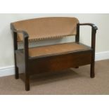 Early 20th century oak bench with upholstered seat and back,