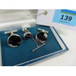 Pair of Blue John set silver cuff-links and tie pin hallmarked