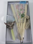 1920's Chinese fan and a magnifying glass with jade and embossed white metal handle