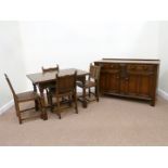 Mid 20th century vintage oak drawer leaf table, four chairs,