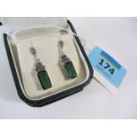 Pair of green stone marcasite drop ear-rings stamped 925