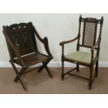 Oak hall chair with carved back and a barely twist armchair