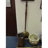 Brass and copper bed warming pan and a copper stick stand H40cm