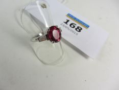 Ruby (approx 3 carat) and baguette diamond white gold ring hallmarked 18ct with certificate