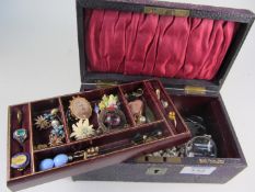 Vintage 'Boots Fancy Dept' jewellery box containing Scottish hardstone brooch, Victorian locket,