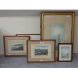 'Corbiere Lighthouse' & 'Anne Port' Jersey pair watercolours and three other seascape watercolours