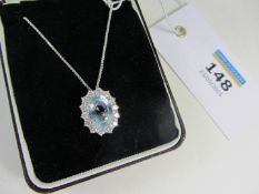 Aquamarine (approx 4 carat) and diamond white gold pendant necklace hallmarked 18ct