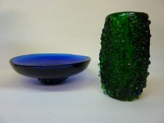 Heavy green art glass vase H20cm and similar shallow bowl D25.