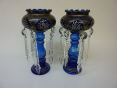 Pair of blue glass lustres with enamel decoration and clear cut crystal pendants 29cm