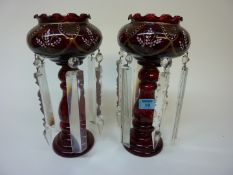 Pair of ruby glass lustres with enamel decoration and clear cut crystal pendants 29cm