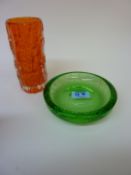Whitefriars tangerine bark vase and a green bubbled bowl