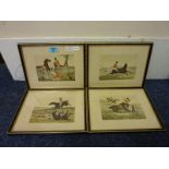 Set of four Hunting Scenes early 20th Century hand coloured cartoon prints after Henry Alken