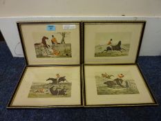 Set of four Hunting Scenes early 20th Century hand coloured cartoon prints after Henry Alken