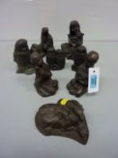 Eight bronzed sculptures - children, owls,