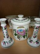 Pair of Portmeirion candlesticks, biscuit barrel, large mixing bowl,