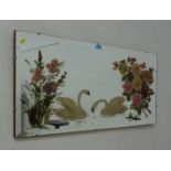 Frameless mirror with painted swan decoration L102cm and a similar mirror  painted with a stag