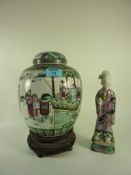 Late 19th century Cantonese Famille Vert ginger jar and cover decorated with figures in garden
