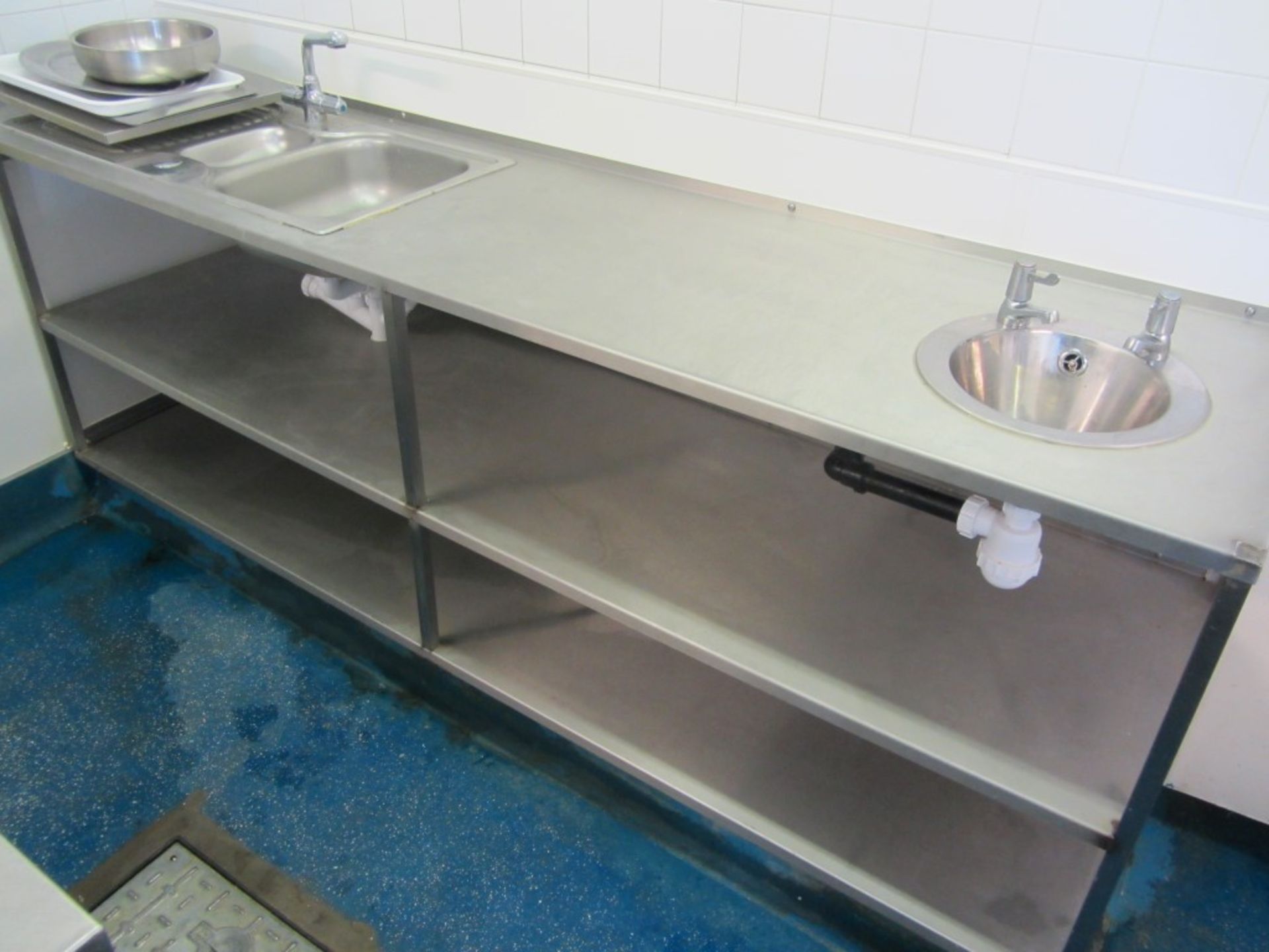 Stainless steel three tier fitted preparation counter with two sinks (W253cm),