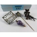 Victorian mourning stick pin set with diamonds and two diamond brooches