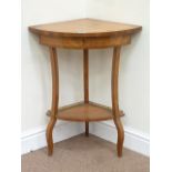 Edwardian rosewood two tier corner table, crossbanded top with galleried under tier,