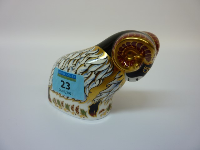 Royal Crown Derby Ram paperweight (boxed) Condition Report Excellent condition, gold stopper - Image 2 of 2