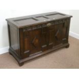 18th century oak panelled coffer with low-relief carved rail, W126cm, H76cm,