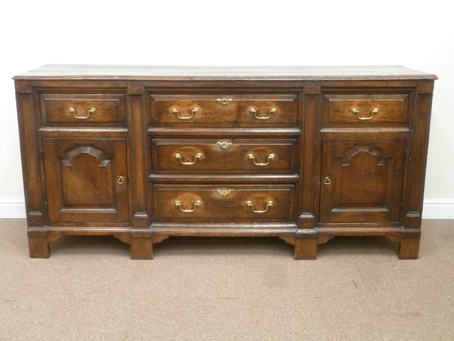 18th century oak dresser fitted with five drawers and two cupboards, W200cm,