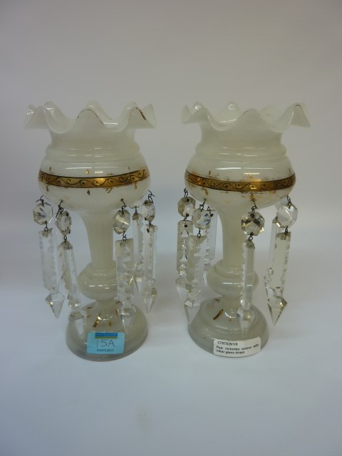 Pair Victorian opaque lustres with clear glass drops 24cm Condition Report No chips or cracks, - Image 2 of 2