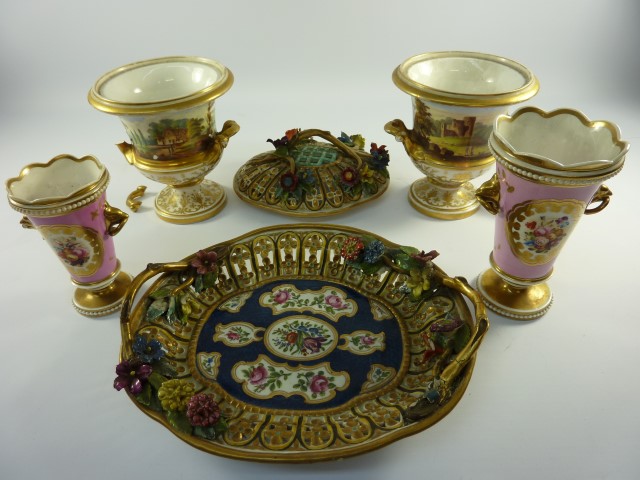 First Period Worcester scale blue oval pierced stand painted with floral sprays and encrusted with