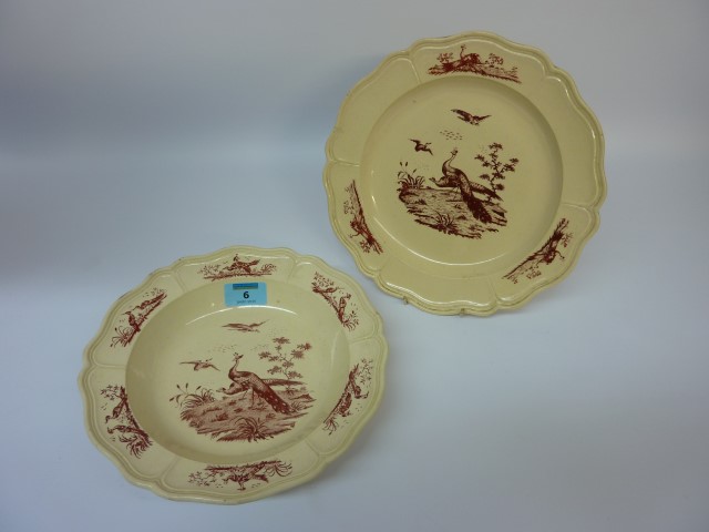 18th century Wedgwood creamware dish printed with exotic birds in Carmine red by Sadler & Green of