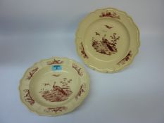 18th century Wedgwood creamware dish printed with exotic birds in Carmine red by Sadler & Green of