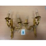 Pair of French ornate wall lamps with crystal drops
