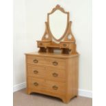 Edwardian satin walnut three drawer dressing chest fitted with swing mirror, W92cm,