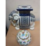 Chinese elephant garden seat/plant stand H44cm and an oriental ginger jar decorated with