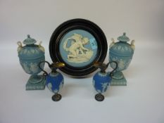 Pair finely decorated Wedgwood blue Jasperware classical urn shaped vases 16.5cm, pair similar vases