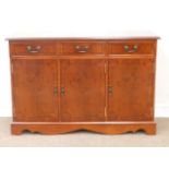 Reproduction yew wood three drawer sideboard,