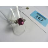 Pink sapphire approx 3 carat and diamond three stone ring stamped 750