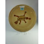 Eskdale Studios platter painted with an aboriginal platypus design- with stand D35cm
