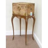 Late 19th century French work box on Kingwood  stand, silk and ormolu mounted box, W42cm,