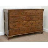 Early 19th century oak and mahogany crossbanded Lancashire mule chest fitted with two short,