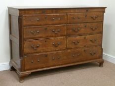 Early 19th century oak and mahogany crossbanded Lancashire mule chest fitted with two short,