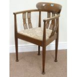 Edwardian inlaid mahogany tub shaped armchair fitted with drop in seat upholstered in needlework