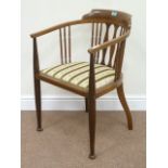 Edwardian inlaid mahogany tub shaped chair fitted with spindle turned uprights,
