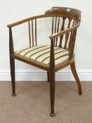 Edwardian inlaid mahogany tub shaped chair fitted with spindle turned uprights,