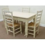 Victorian painted pine rectangular table and six painted ladder back chairs