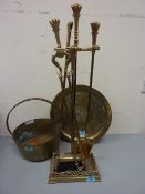 Brass fireside companion set, brass jam pan,