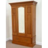 Edwardian polished pine wardrobe fitted with single mirror door and drawer to base, W123cm,