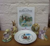 Four Royal Albert Beatrix Potter figurines - Hunca Munca Sweeping, Jeremy Fisher, Mr Benjamin Bunny,