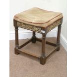 Early 20th century oak stool with carved gilt wood detail and upholstered top,