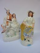 Two Victorian Staffordshire flatback figures - fishwife H33cm and Highland couple on clock H14cm